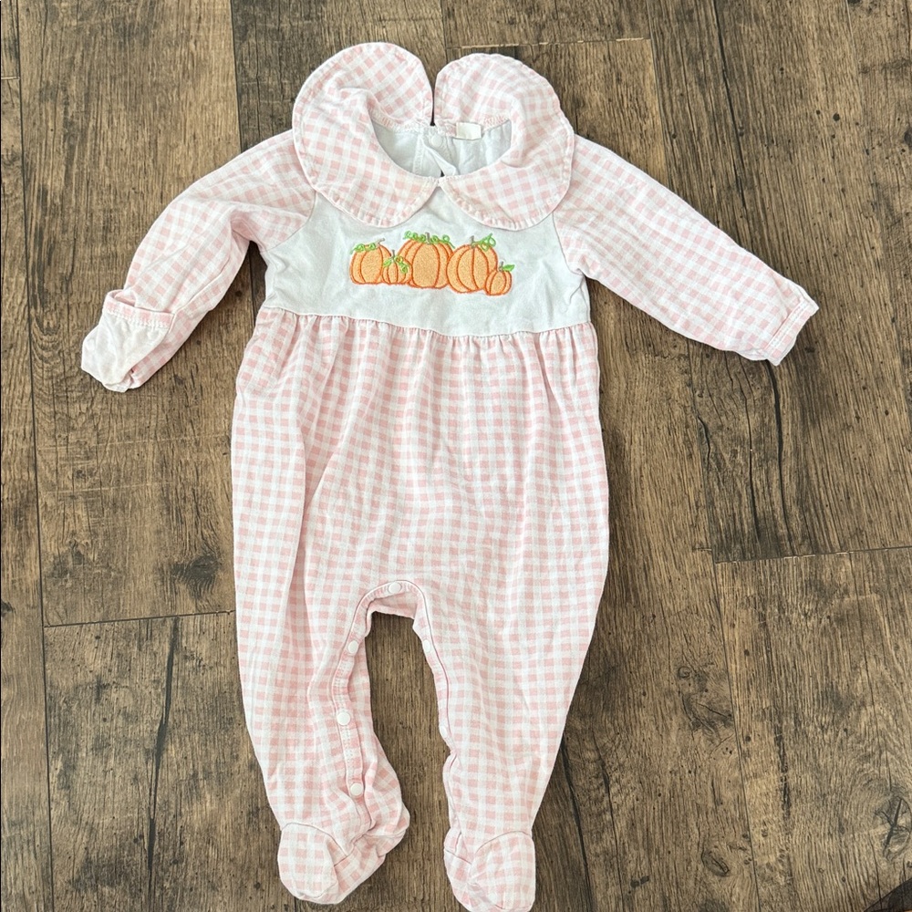 Pink Gingham Pumpkin Embroidered Kids One Piece